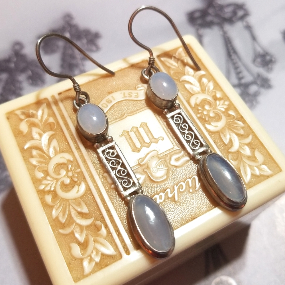 VTG Moonstone Long Sterling Silver Filigree Artisan Earrings - Picture 4 of 7